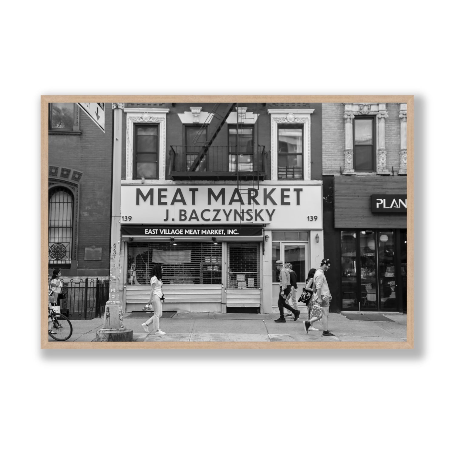 Meat District New York NYC Black & White wall art Statement full-bleed fine art print in natural oak frame