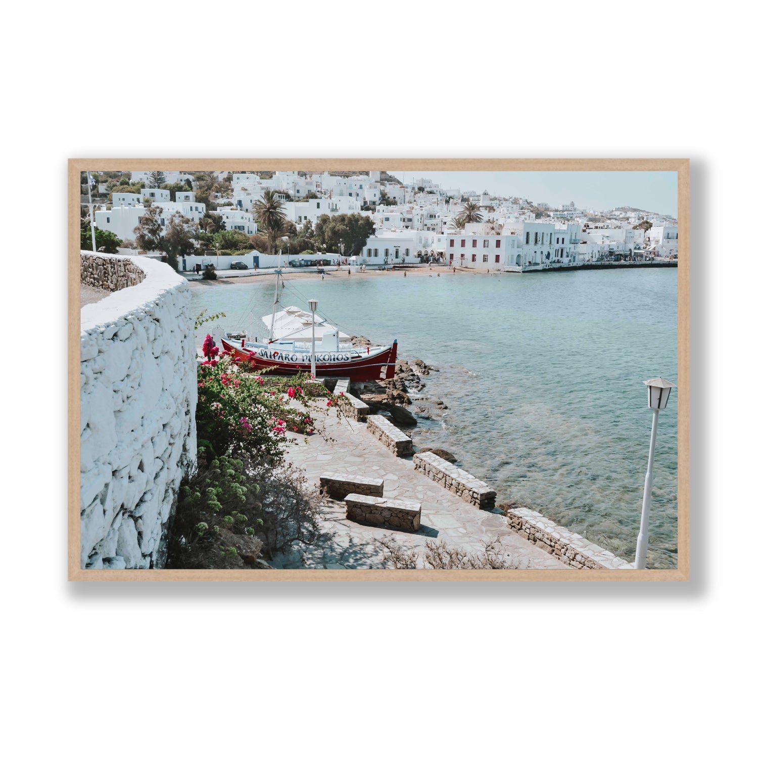 Harika Mykonos Greek island wall art Statement full-bleed fine art print in natural oak frame