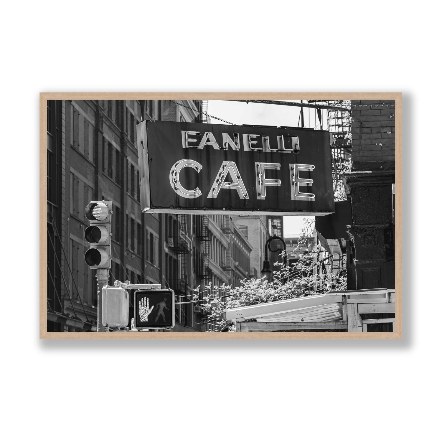 Soho Neon New York NYC Black & White wall art Statement full-bleed fine art print in natural oak frame