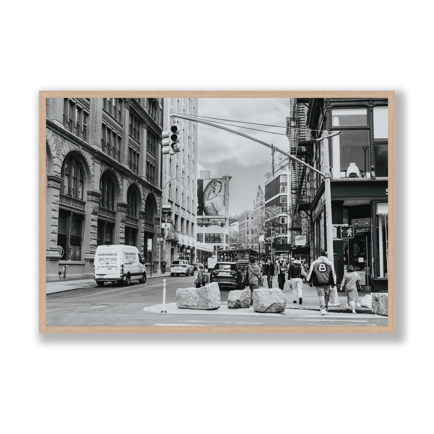 Inkwell Metropolis New York NYC Black & White wall art Statement full-bleed fine art print in natural oak frame