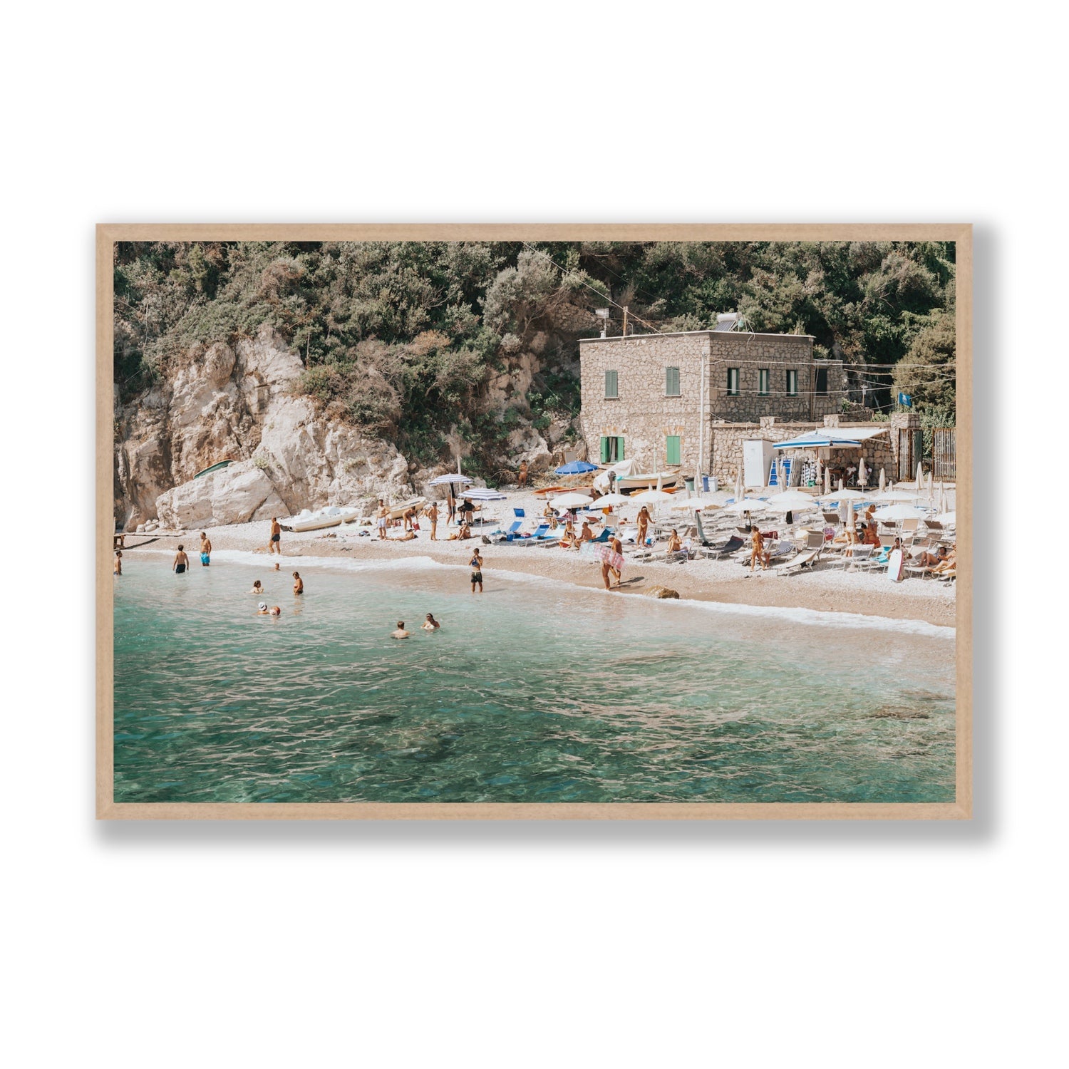 Secluded Sanctuary Nerano Italian Mediterranean decor wall art Statement full-bleed fine art print in natural oak frame