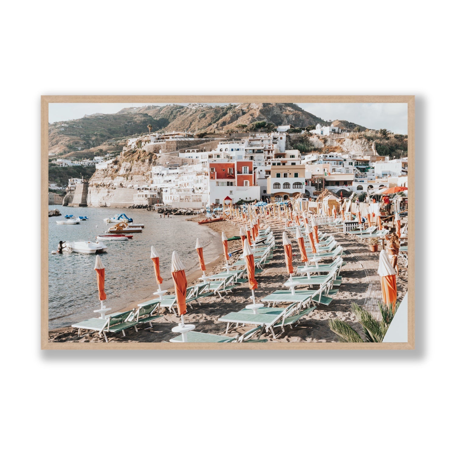 Sole Estivo Ischia Italian coastal wall art Statement full-bleed fine art print in natural oak frame