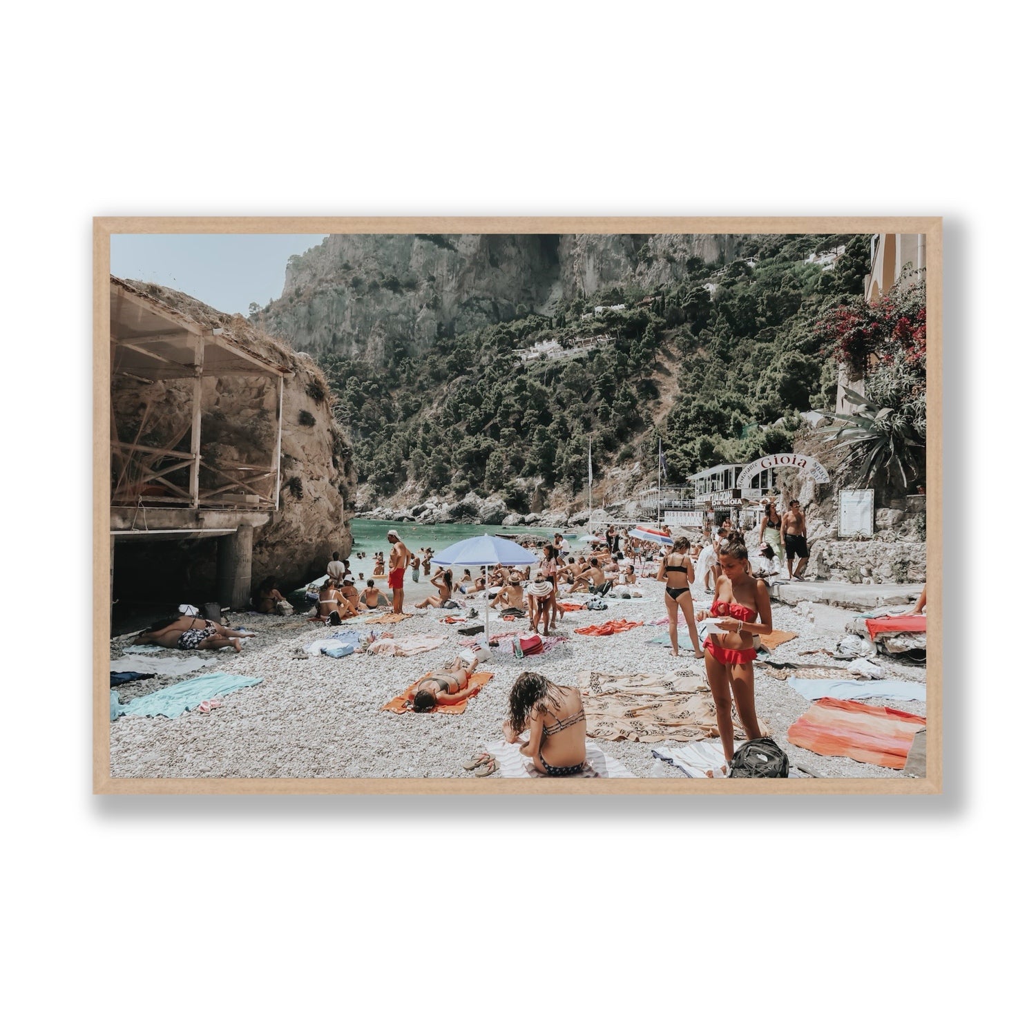 Spiaggia Da Gioia Capri beach coastal wall art Statement full-bleed fine art print in natural oak frame