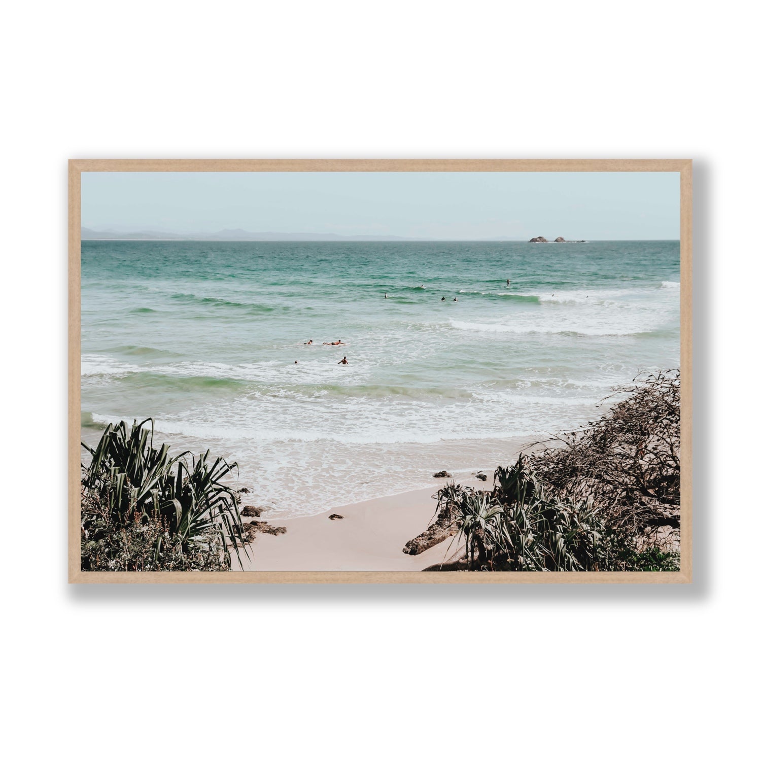 Surf City Byron Bay Surf coastal wall art Statement full-bleed fine art print in natural oak frame