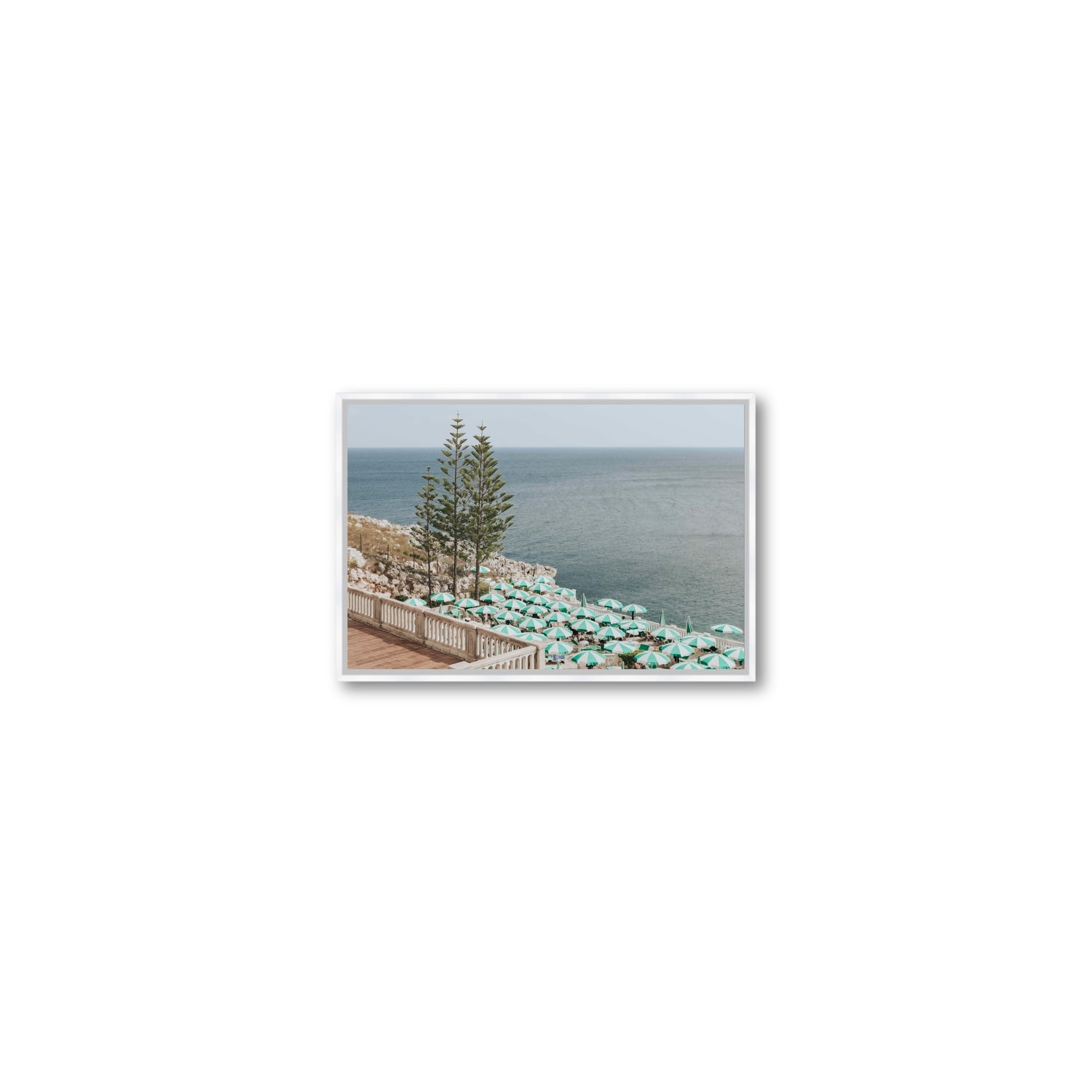 Azure Horizon Puglia beach coastal wall art Small fine art canvas in white float frame