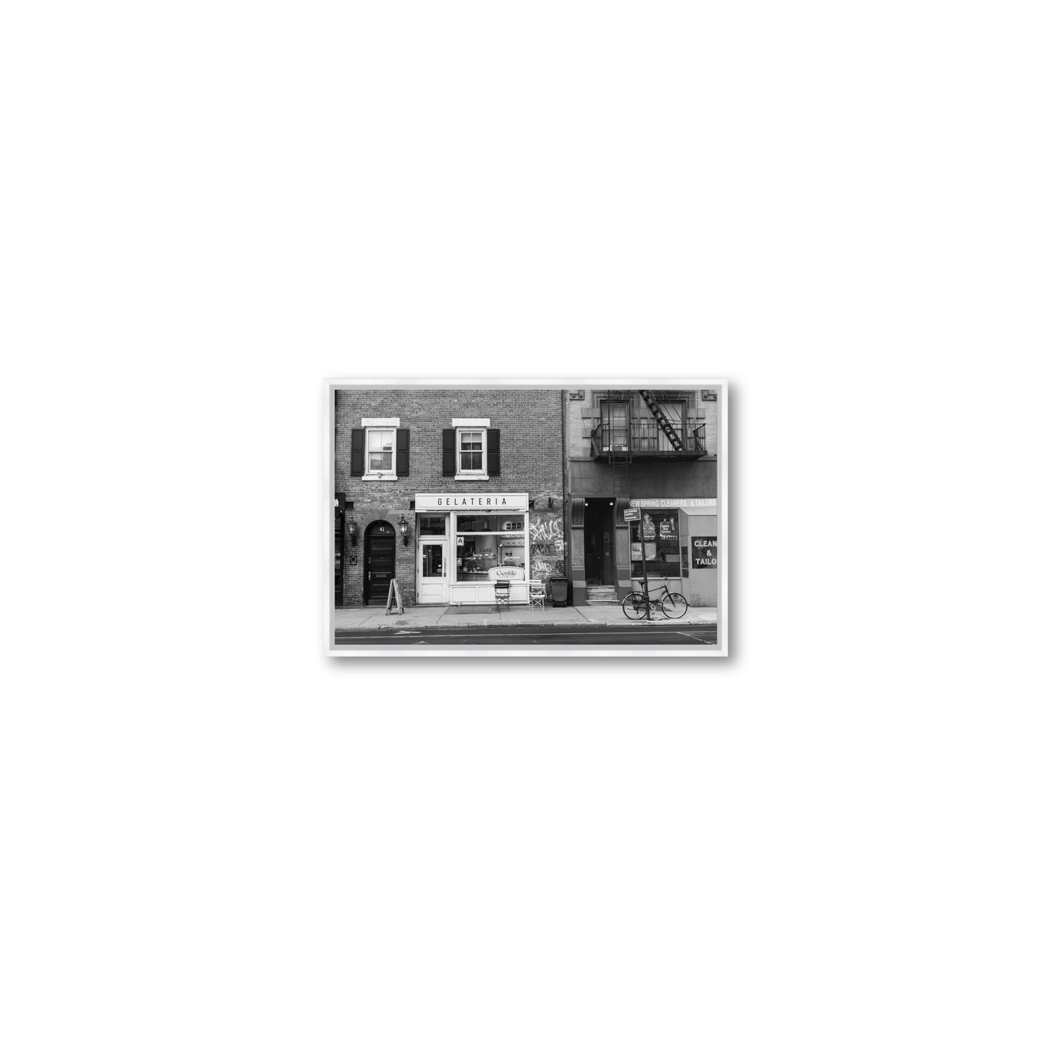 West Village Dolcezza New York NYC Black & White wall art Small fine art canvas in white float frame