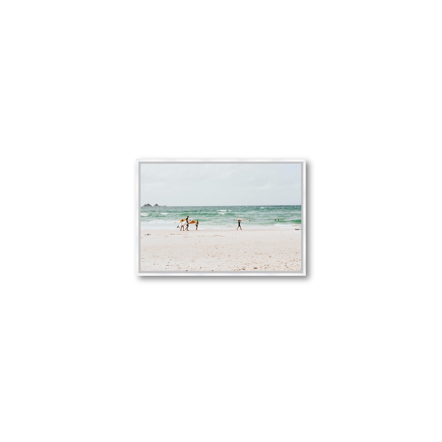 La Famiglia Byron Bay Family Surf coastal wall art Small fine art canvas in white float frame