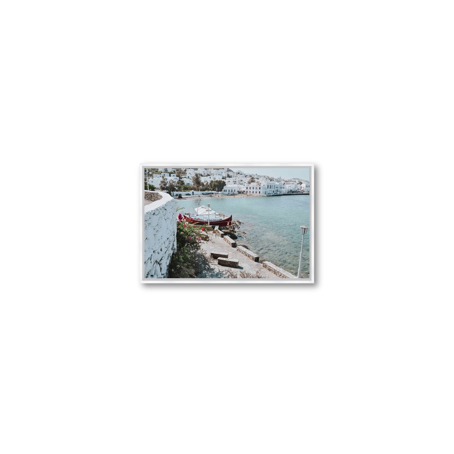 Harika Mykonos Greek island wall art Small fine art canvas in white float frame