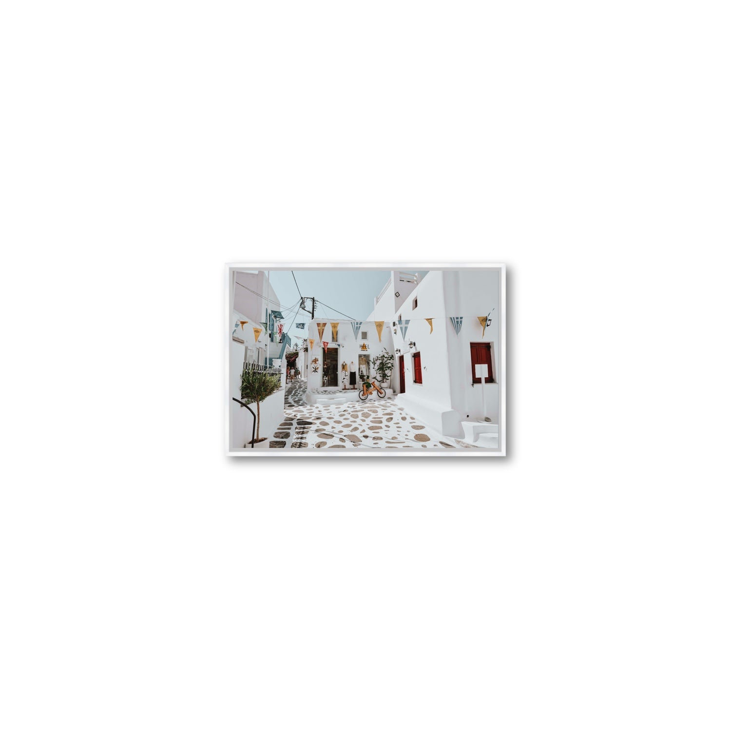 Cruising The Streets Mykonos Greek island wall art Small fine art canvas in white float frame