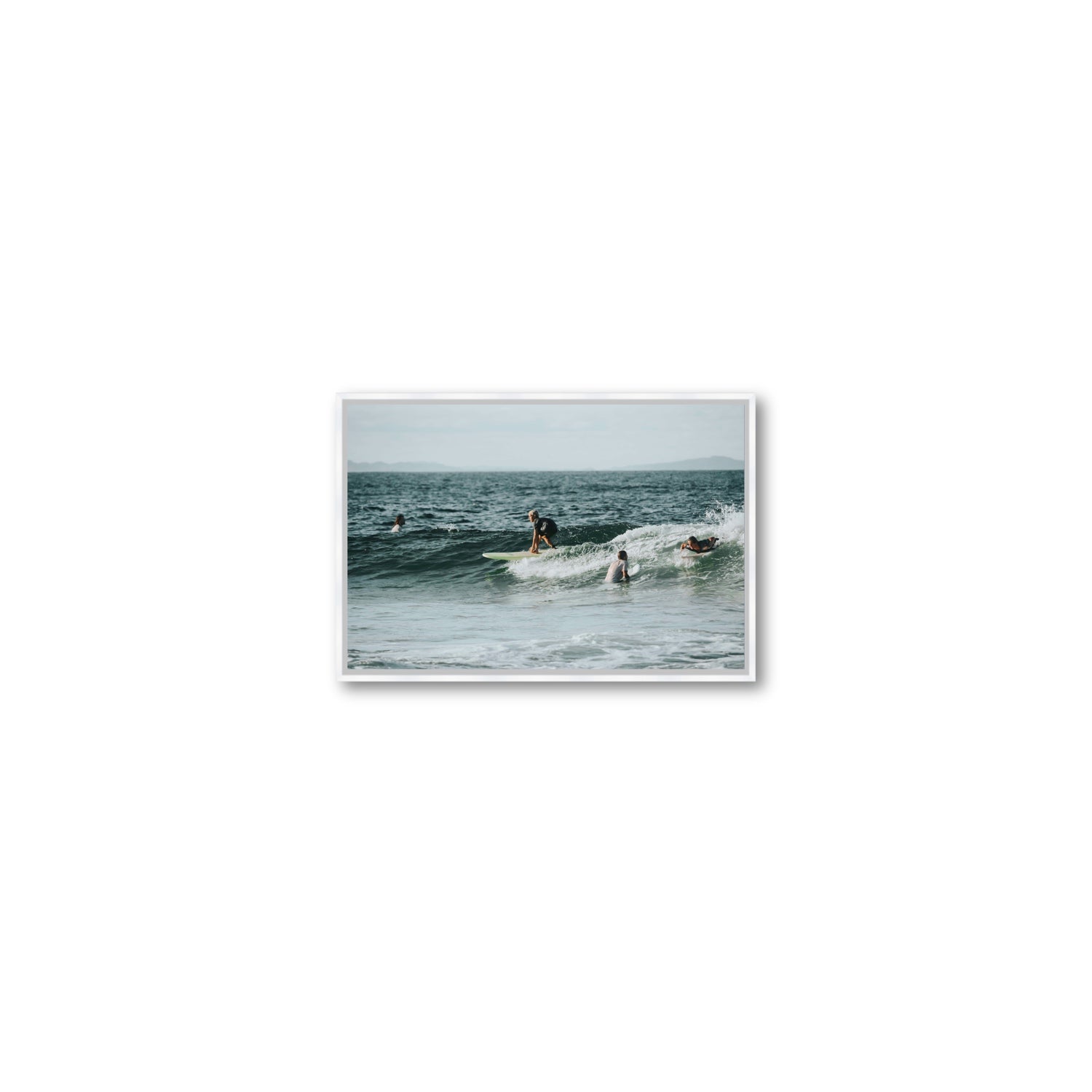 The Boys of Summer Byron Bay Surf coastal wall art Small fine art canvas in white float frame