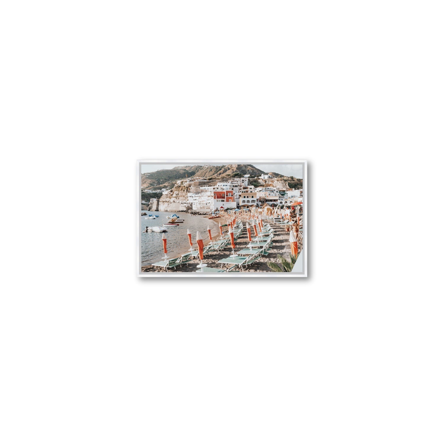 Sole Estivo Ischia Italian coastal wall art Small fine art canvas in white float frame