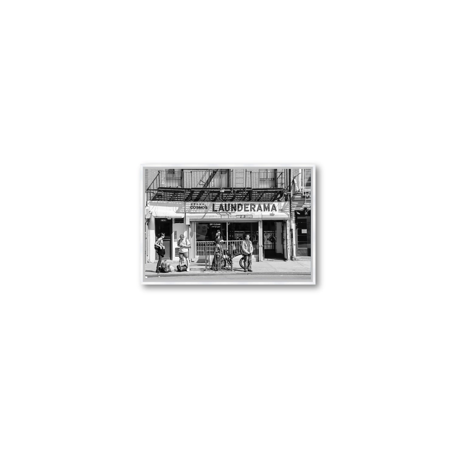 Launderama New York NYC Black & White wall art Small fine art canvas in white float frame