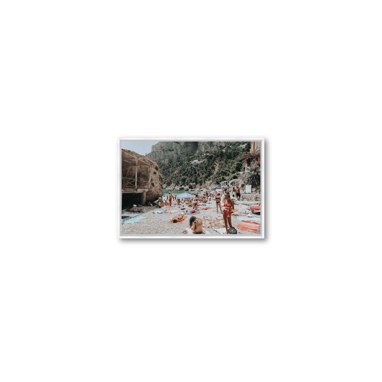 Spiaggia Da Gioia Capri beach coastal wall art Small fine art canvas in white float frame