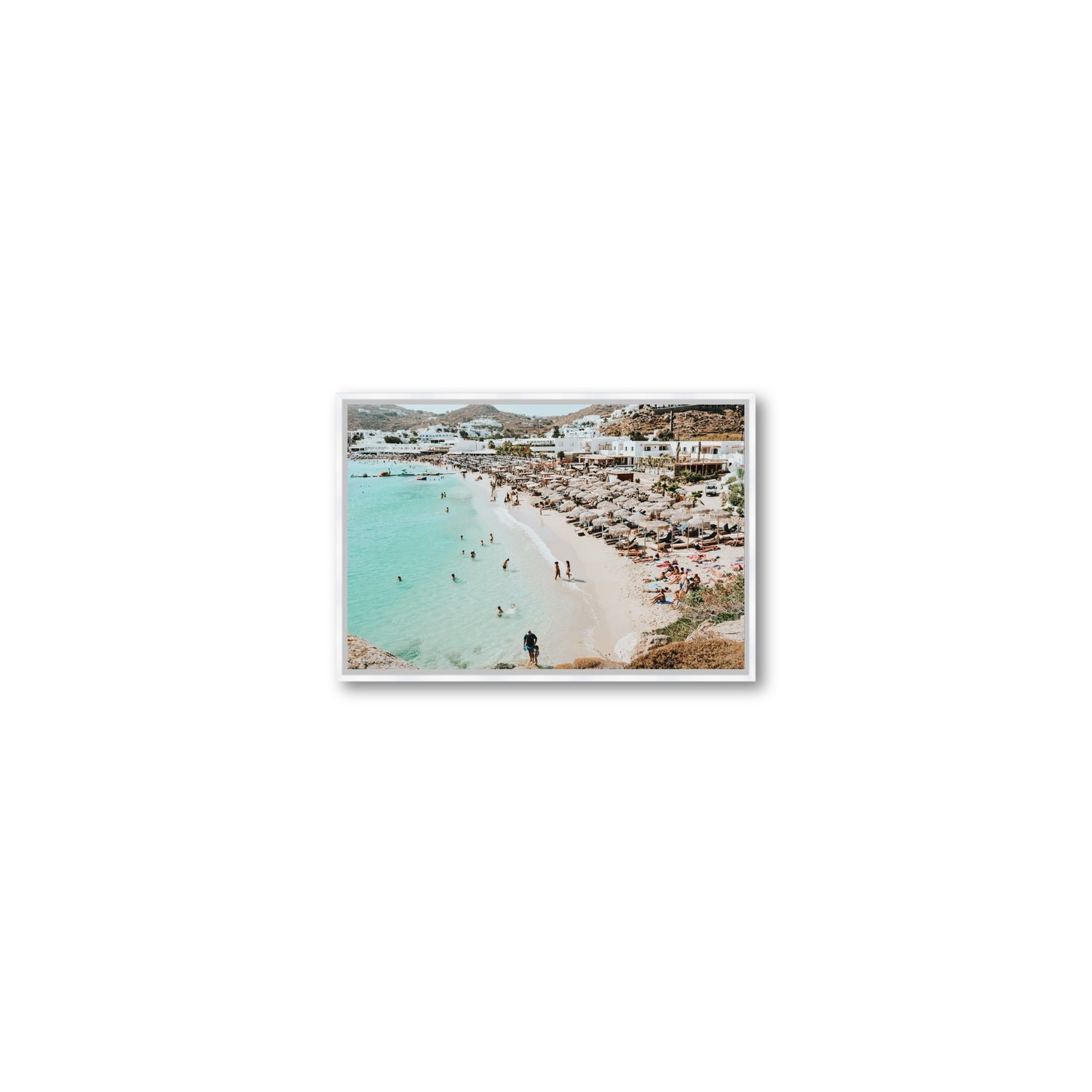 Aquaholic Mykonos Greek island wall art Small fine art canvas in white float frame