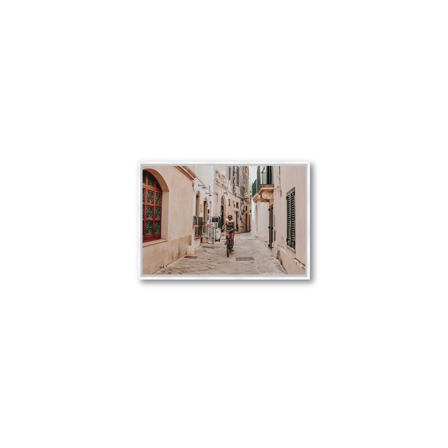La Donna In Bicicletta Puglia Wall Italian fine art print Small fine art canvas in white float frame