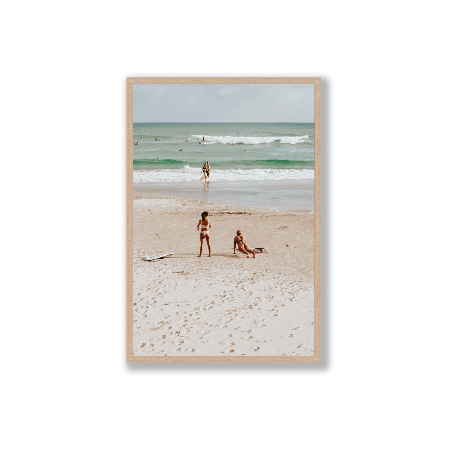 Gidget & Betty Byron Bay beach coastal wall art Extra Large full-bleed fine art print in natural oak frame