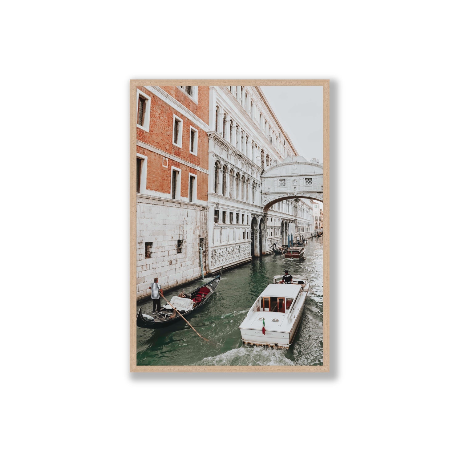 Under the Bridge Venice Gondola Italian wall art Extra Large full-bleed fine art print in natural oak frame