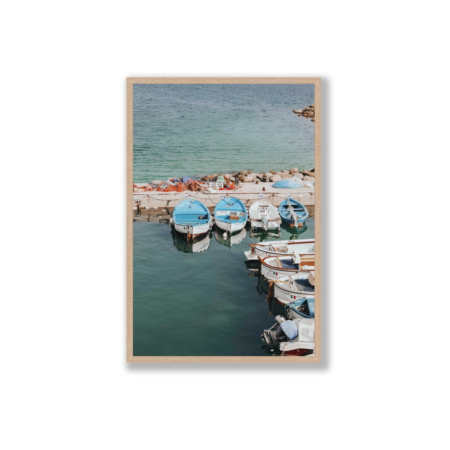 Maritime Memories Puglia Harbour Reflections coastal wall art Extra Large full-bleed fine art print in natural oak frame