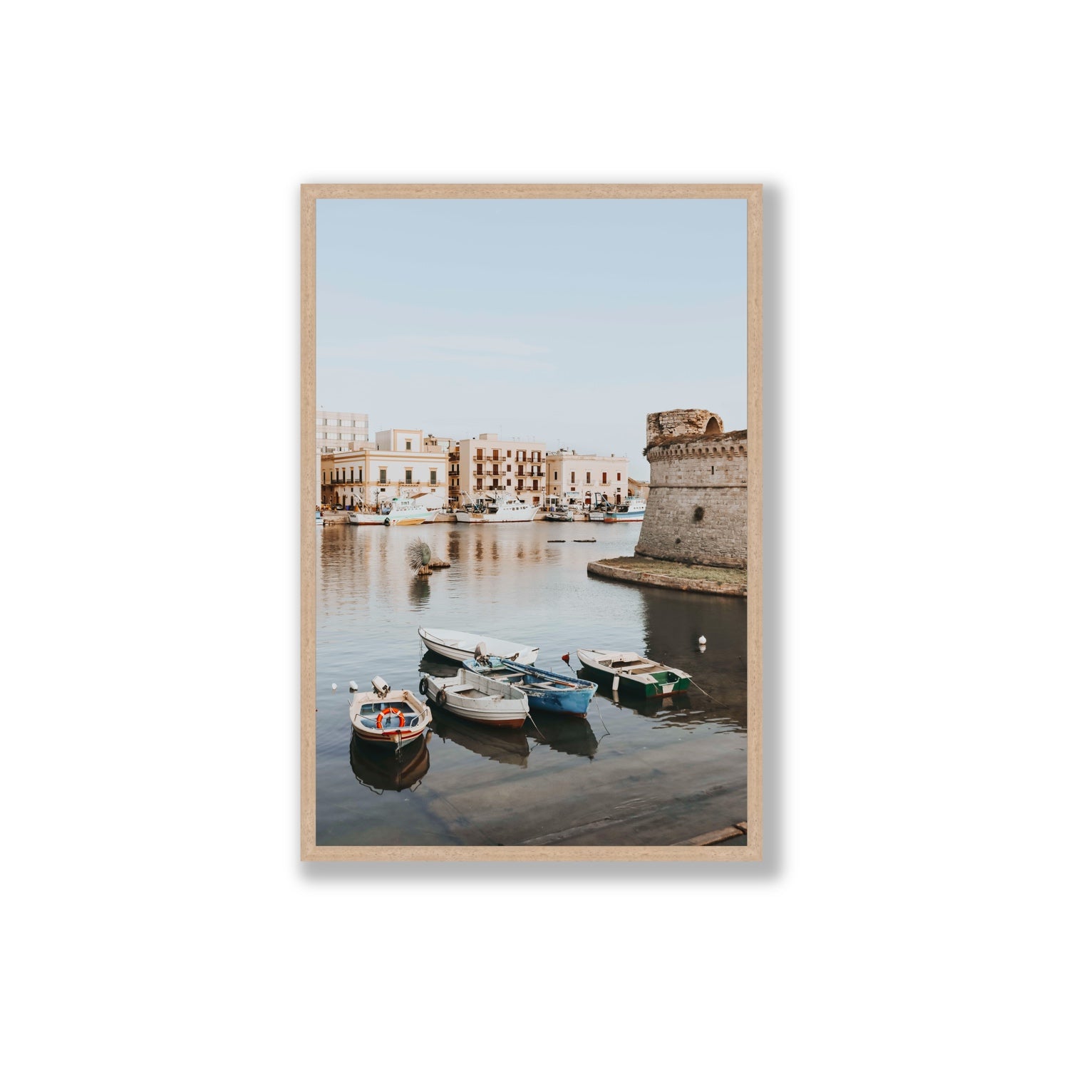 Gallipoli Harbour Puglia coastal wall art Extra Large full-bleed fine art print in natural oak frame