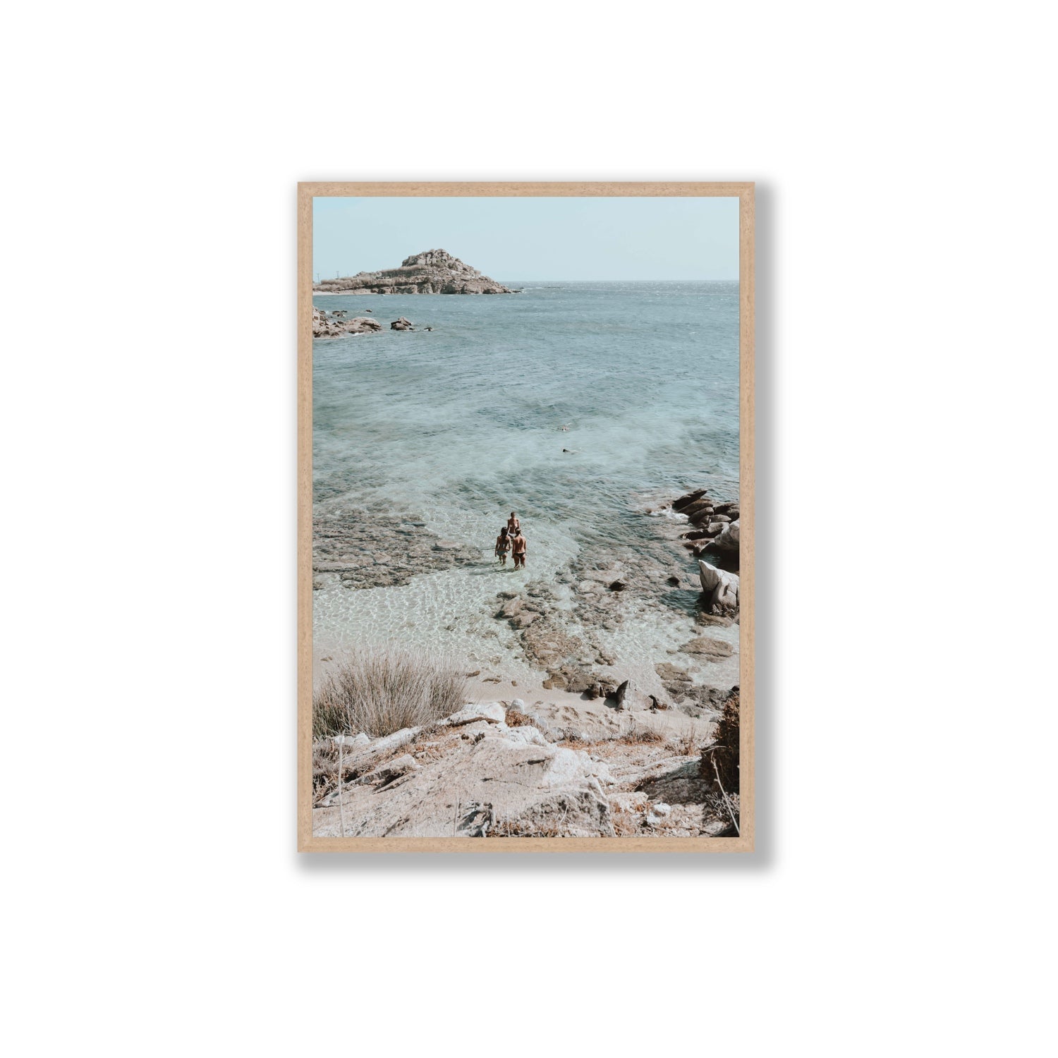 Island Life Mykonos coastal Greek island wall art Extra Large full-bleed fine art print in natural oak frame