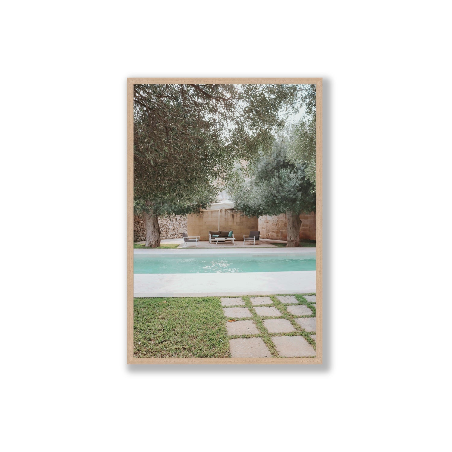 Idyllic Escape Puglia Mediterranean wall art Extra Large full-bleed fine art print in natural oak frame