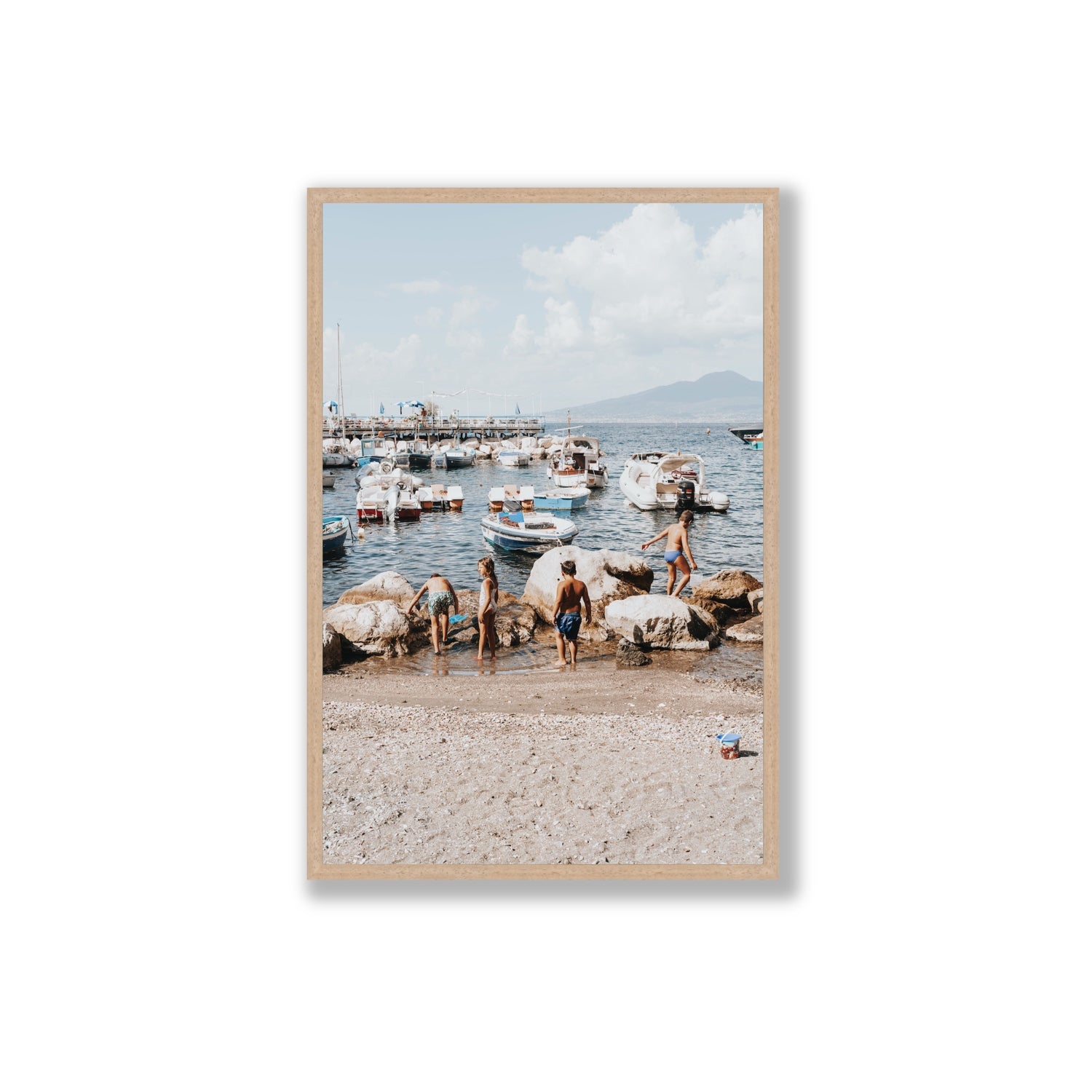 Searching For Treasures Sorrento coastal wall art Extra Large full-bleed fine art print in natural oak frame