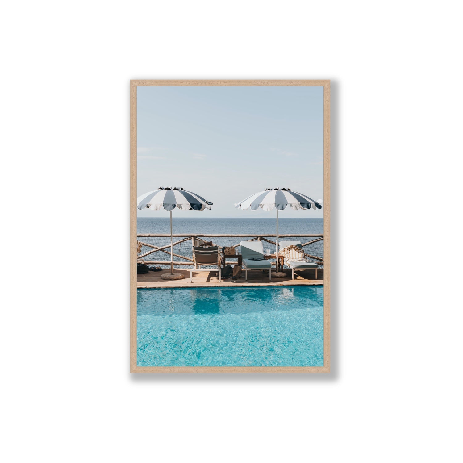Beach Retreat fine art print, Ischia, Italy, european beach clubs artwork, Extra Large, Natural Oak Frame · Full Bleed, Fine Art Print