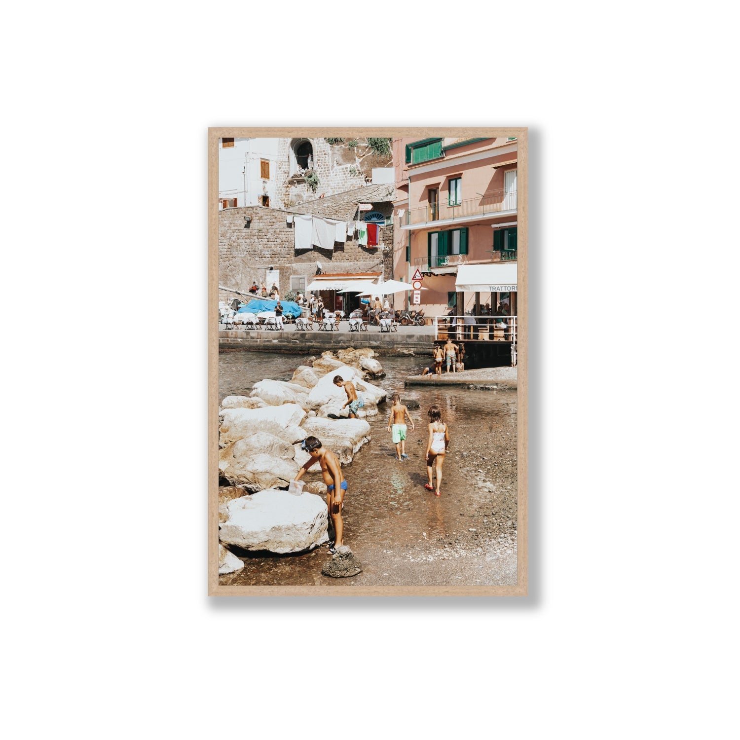 The Beachcombers Sorrento beach coastal wall art Extra Large full-bleed fine art print in natural oak frame