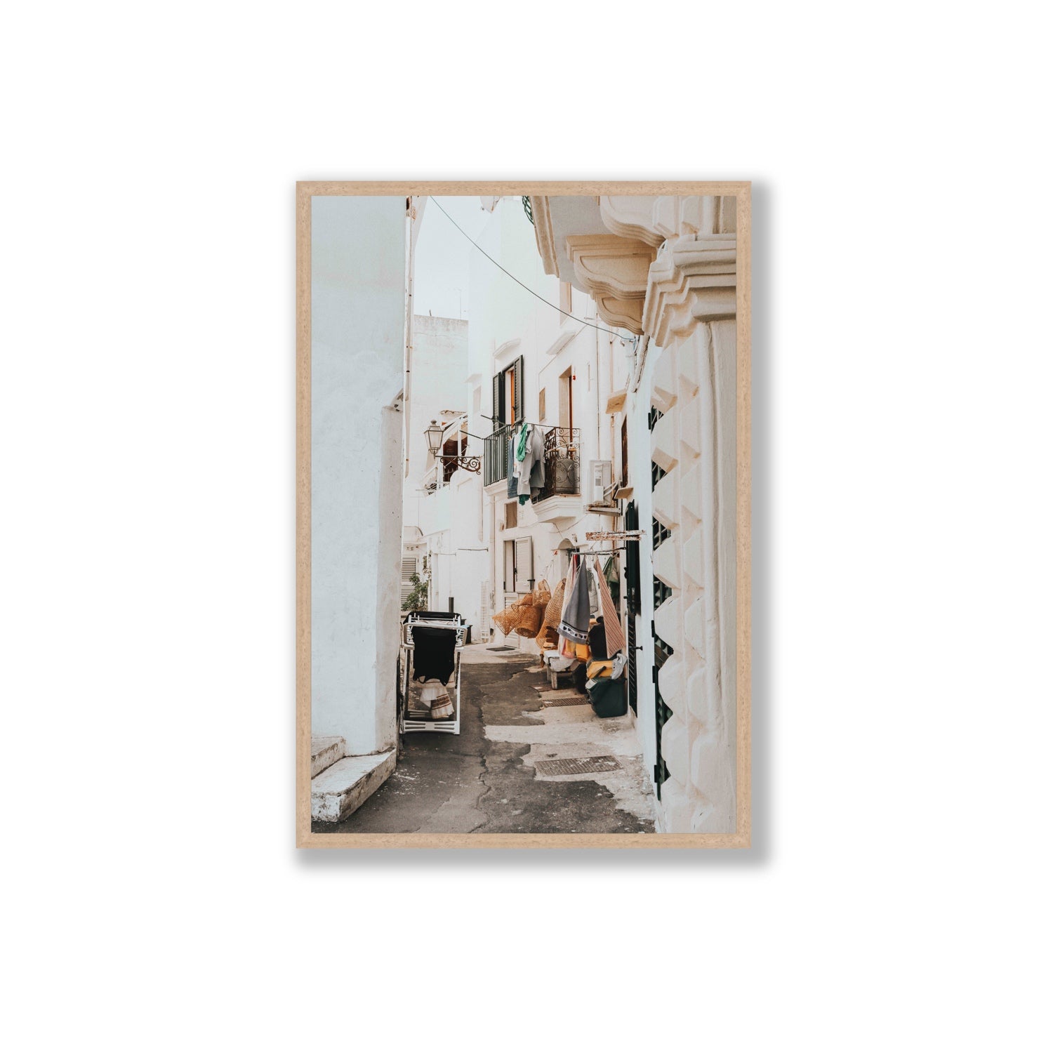 Hanging Harmony Puglia Italian wall art Extra Large full-bleed fine art print in natural oak frame
