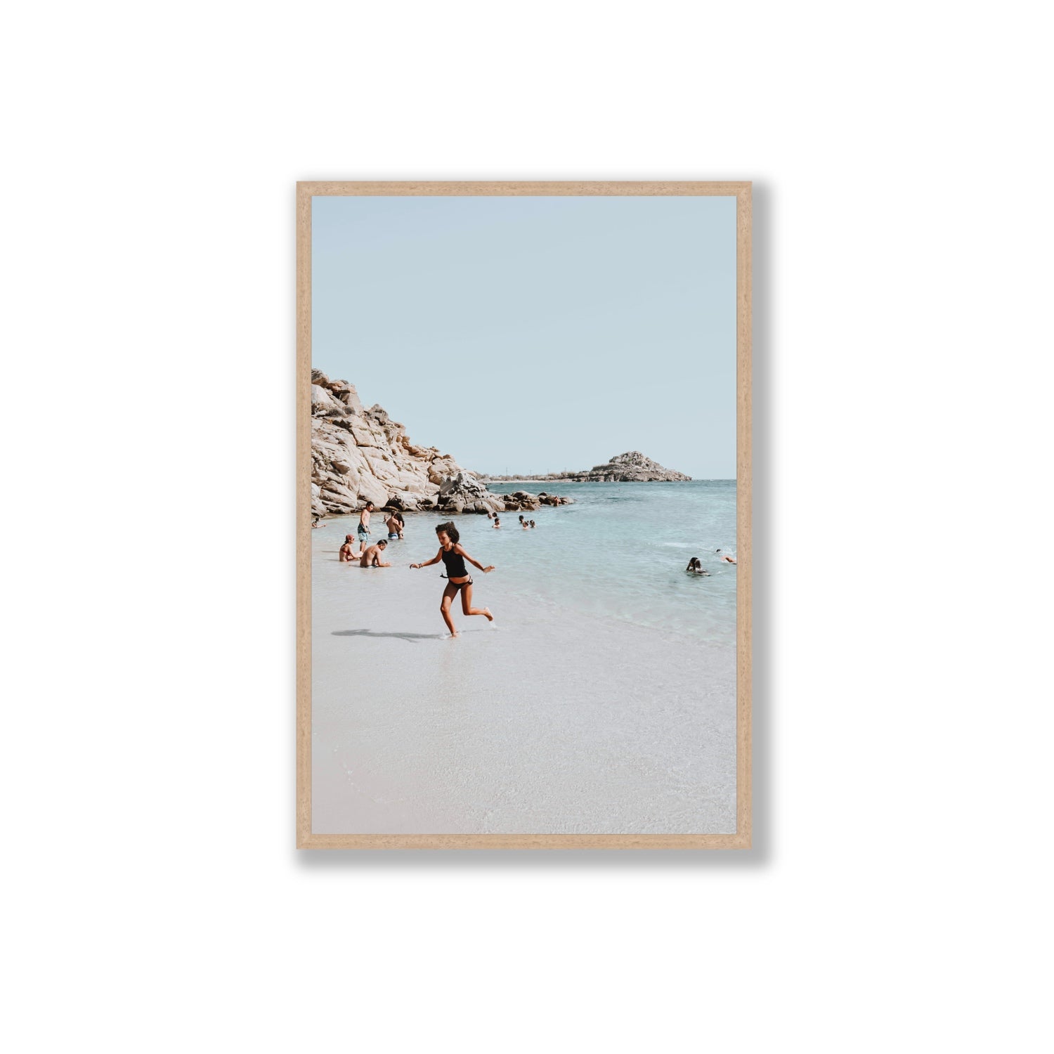 Skipping Angel Mykonos Greek island decor wall art Extra Large full-bleed fine art print in natural oak frame