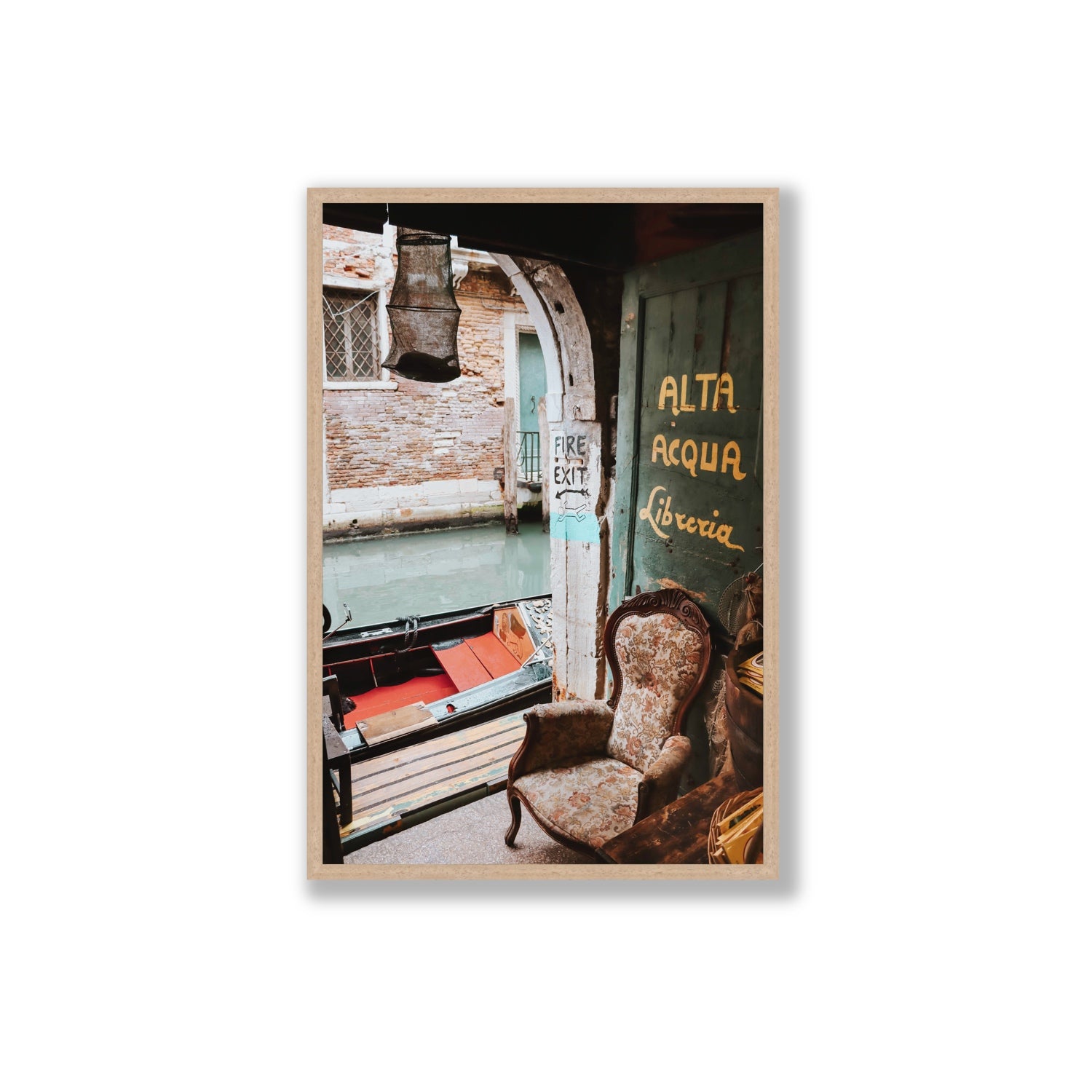 Alta Acqua Venice Bookstore wall art Extra Large full-bleed fine art print in natural oak frame