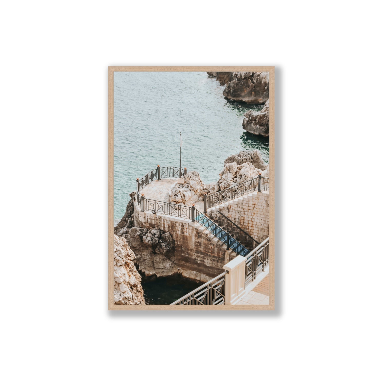 Tidal Staircase Puglia coastal Italian wall art Extra Large full-bleed fine art print in natural oak frame