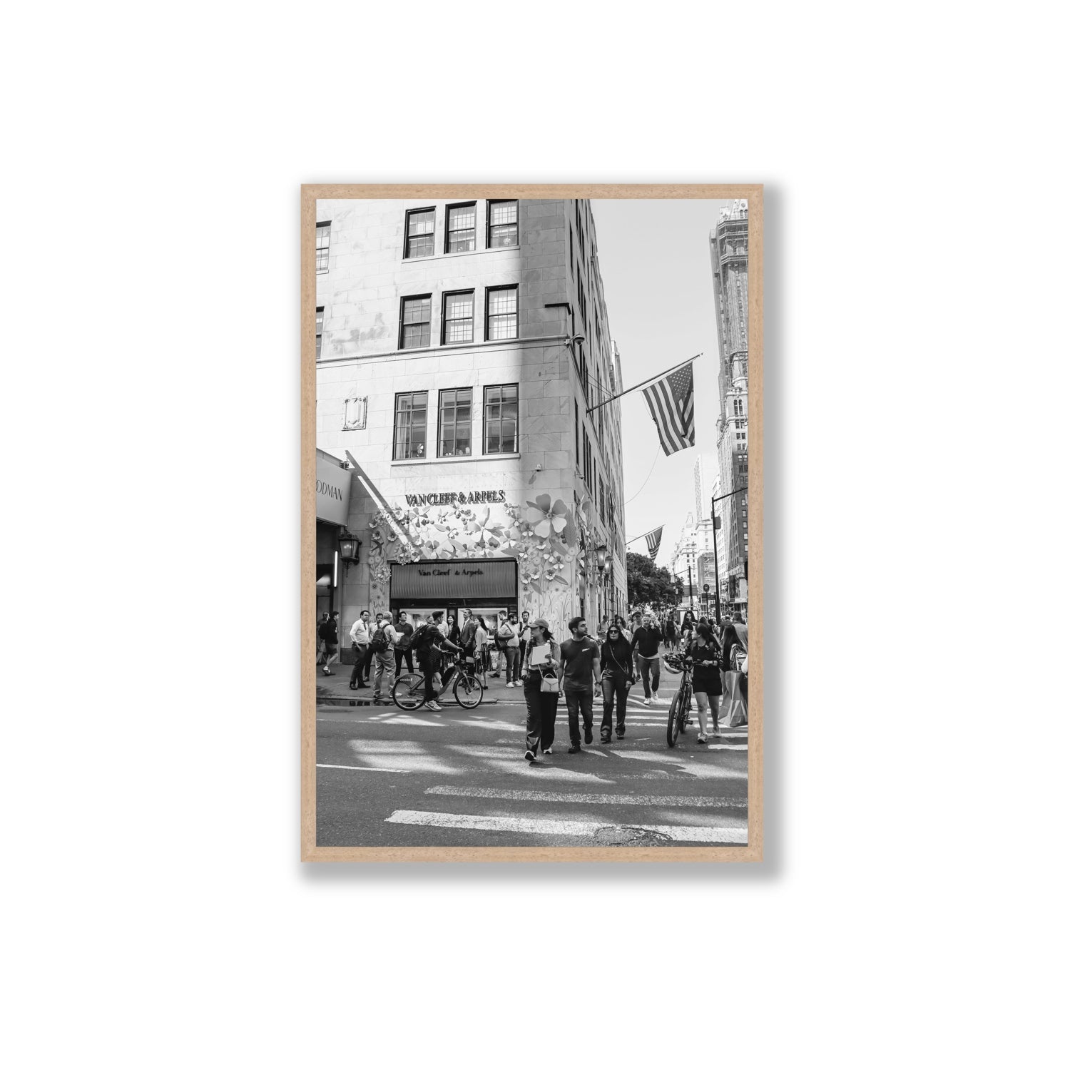 Sidewalk Shuffle New York NYC Black & White wall art Extra Large full-bleed fine art print in natural oak frame