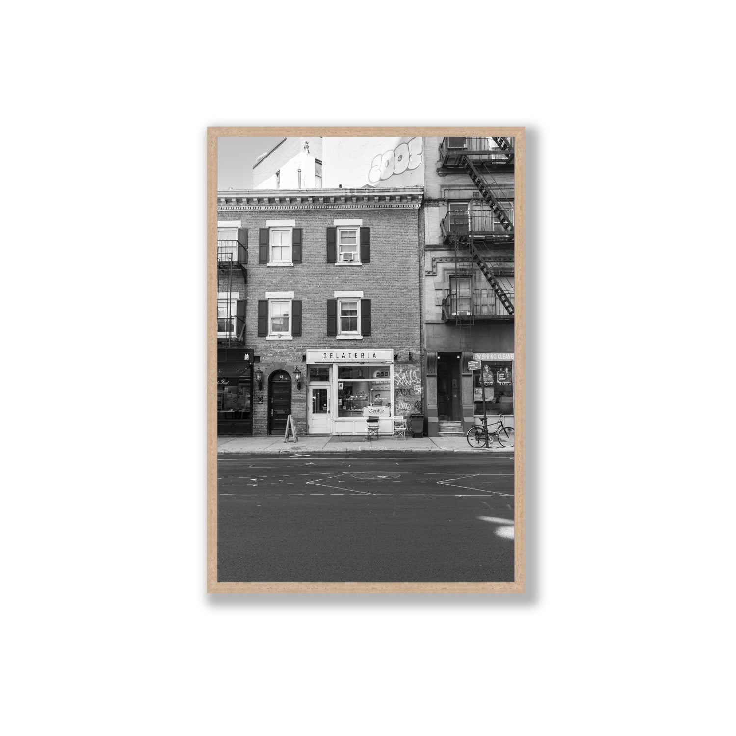 Gelateria New York NYC Black & White wall art Extra Large full-bleed fine art print in natural oak frame