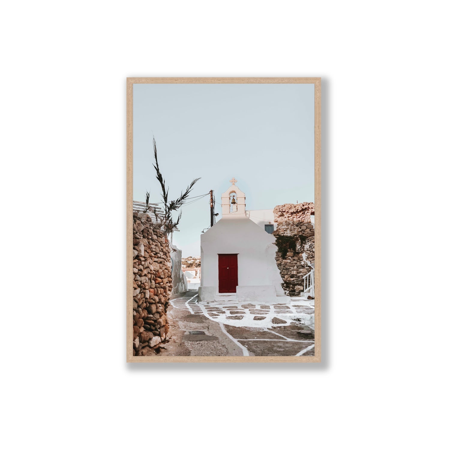 Little Chapel Mykonos Greek island wall art Extra Large full-bleed fine art print in natural oak frame