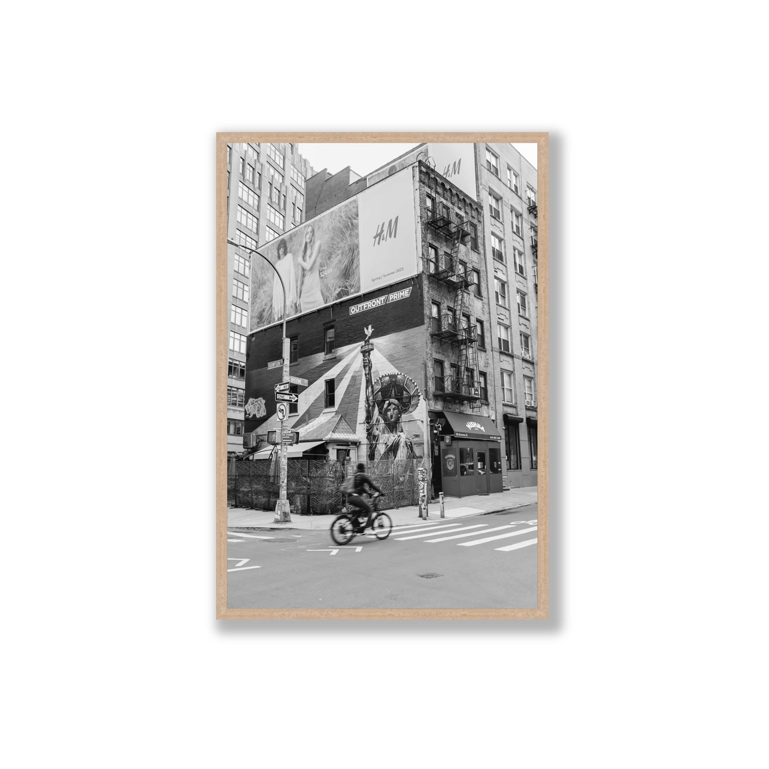 Shadows Of Liberty New York NYC Black & White wall art Extra Large full-bleed fine art print in natural oak frame