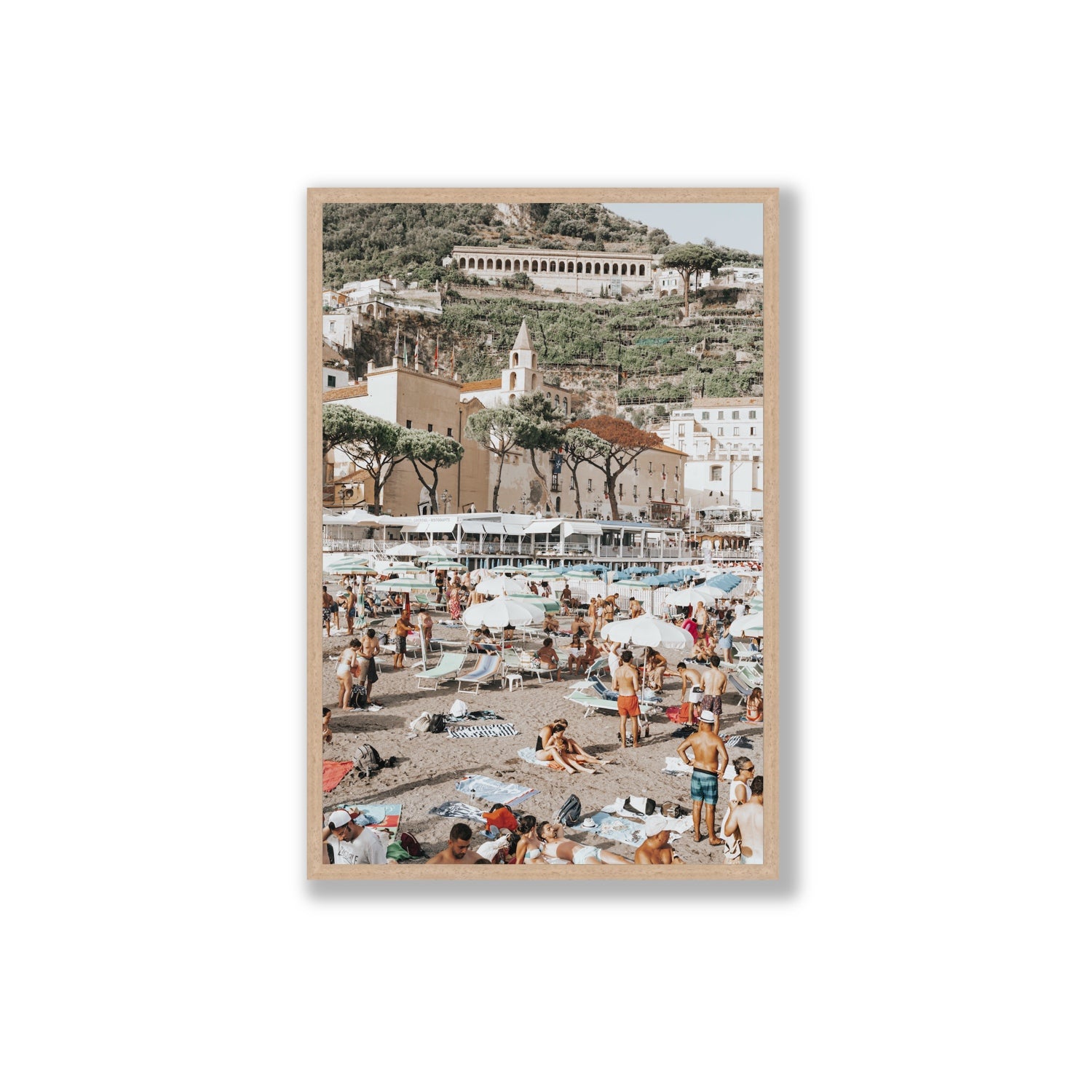 Festa In Spiaggia Amalfi coastal wall art Extra Large full-bleed fine art print in natural oak frame