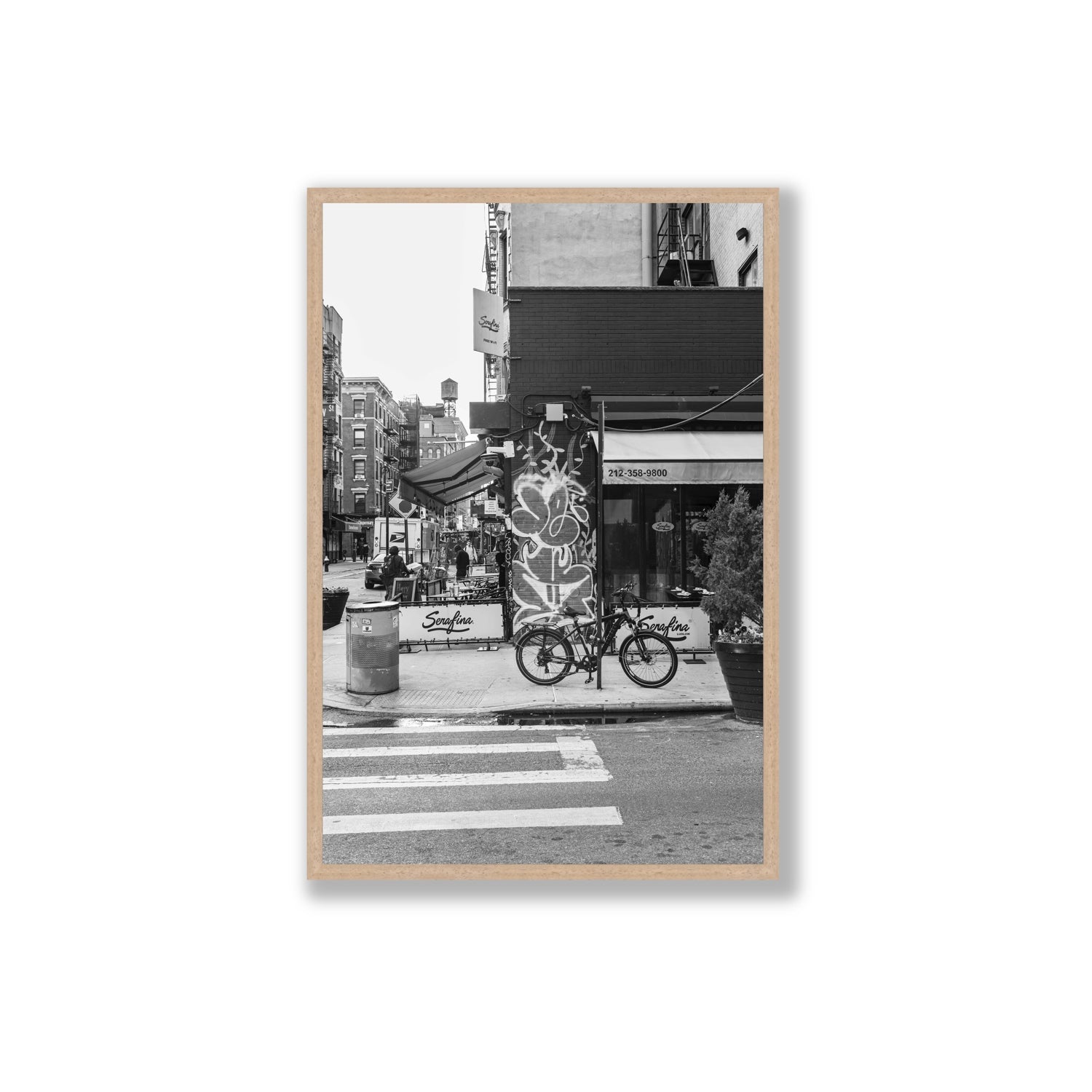 Cafe Canvas New York NYC Black & White wall art Extra Large fine art canvas in natural oak frame view 2
