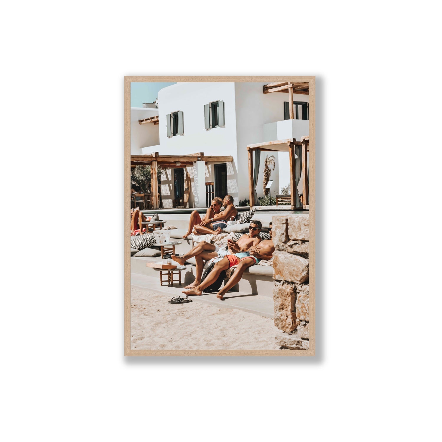 Style That Sizzles Mykonos Greek island wall art Extra Large full-bleed fine art print in natural oak frame