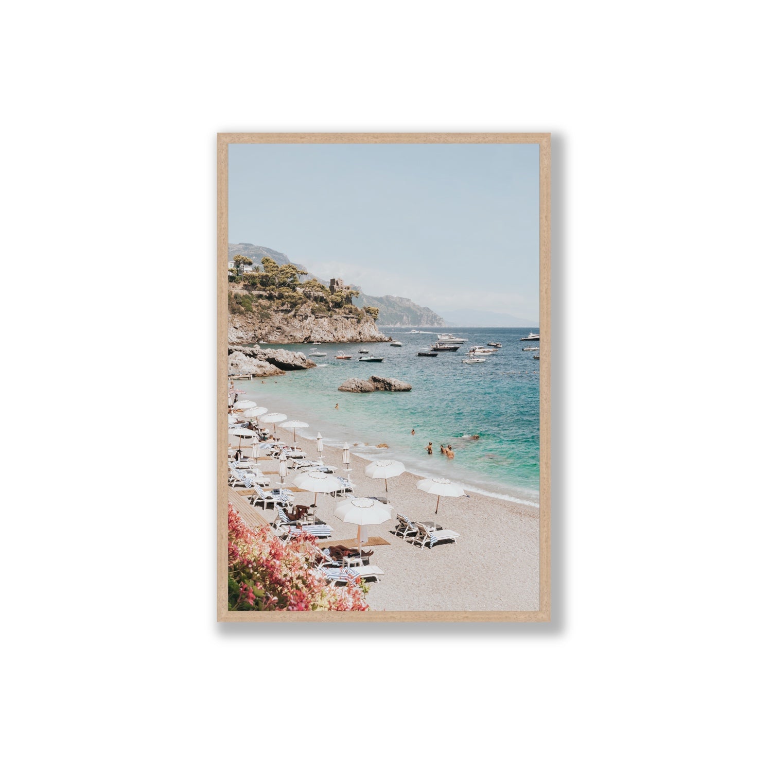Seaview Refuge Amalfi coastal wall art extra large full-bleed fine art print in natural oak frame