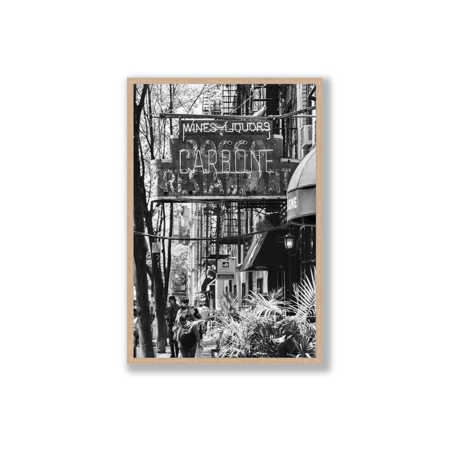 Paparazzi To Pasta New York NYC Black & White wall art Extra Large full-bleed fine art print in natural oak frame