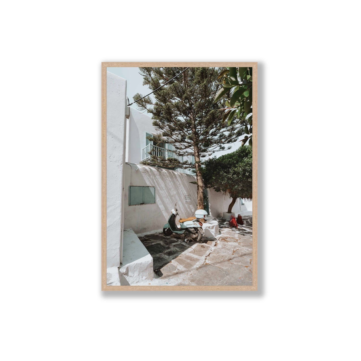 The Getaway Mykonos Mediterranean Greek island art print Extra Large full-bleed fine art print in natural oak frame