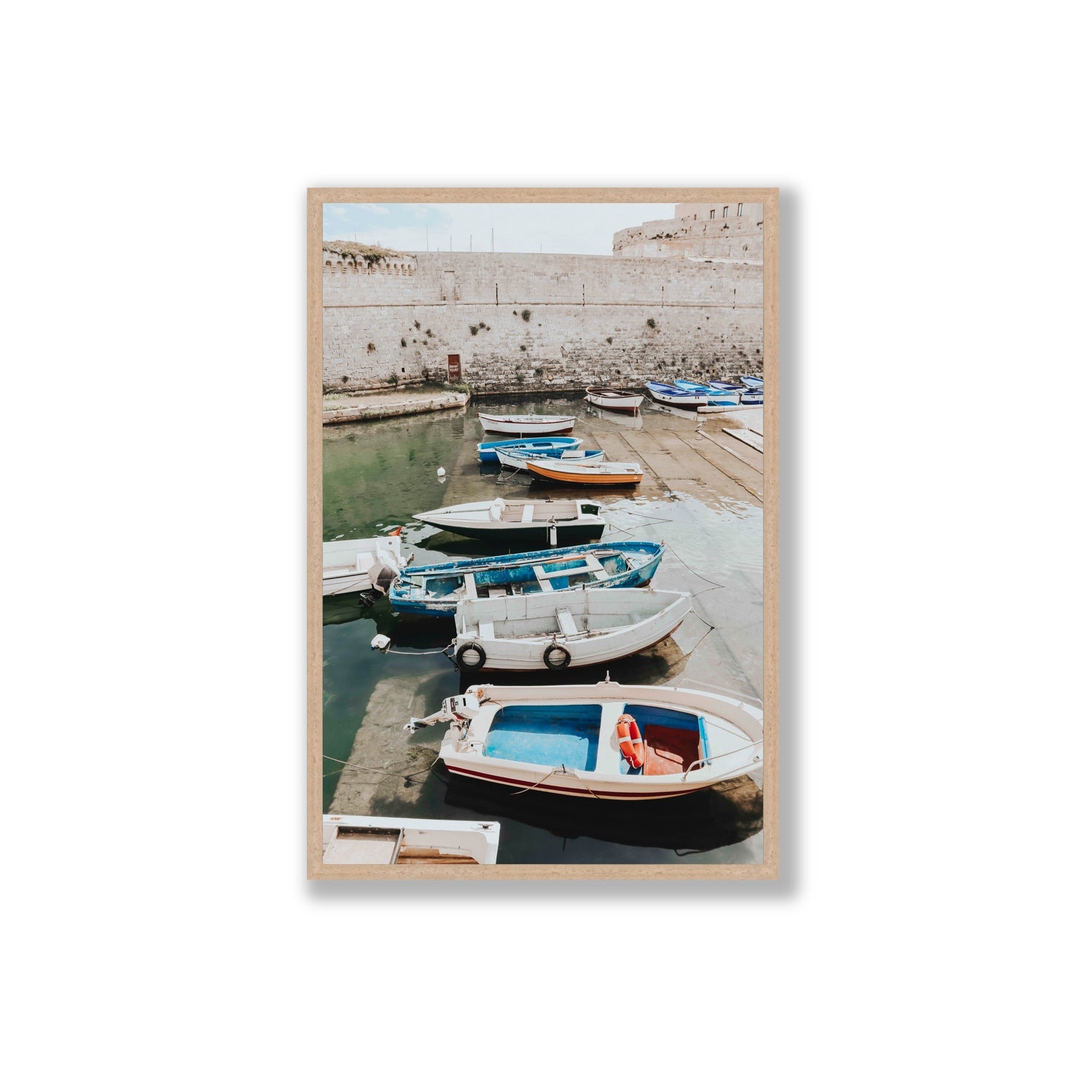 Harbour Palette Puglia coastal photography wall art Extra Large full-bleed fine art print in natural oak frame