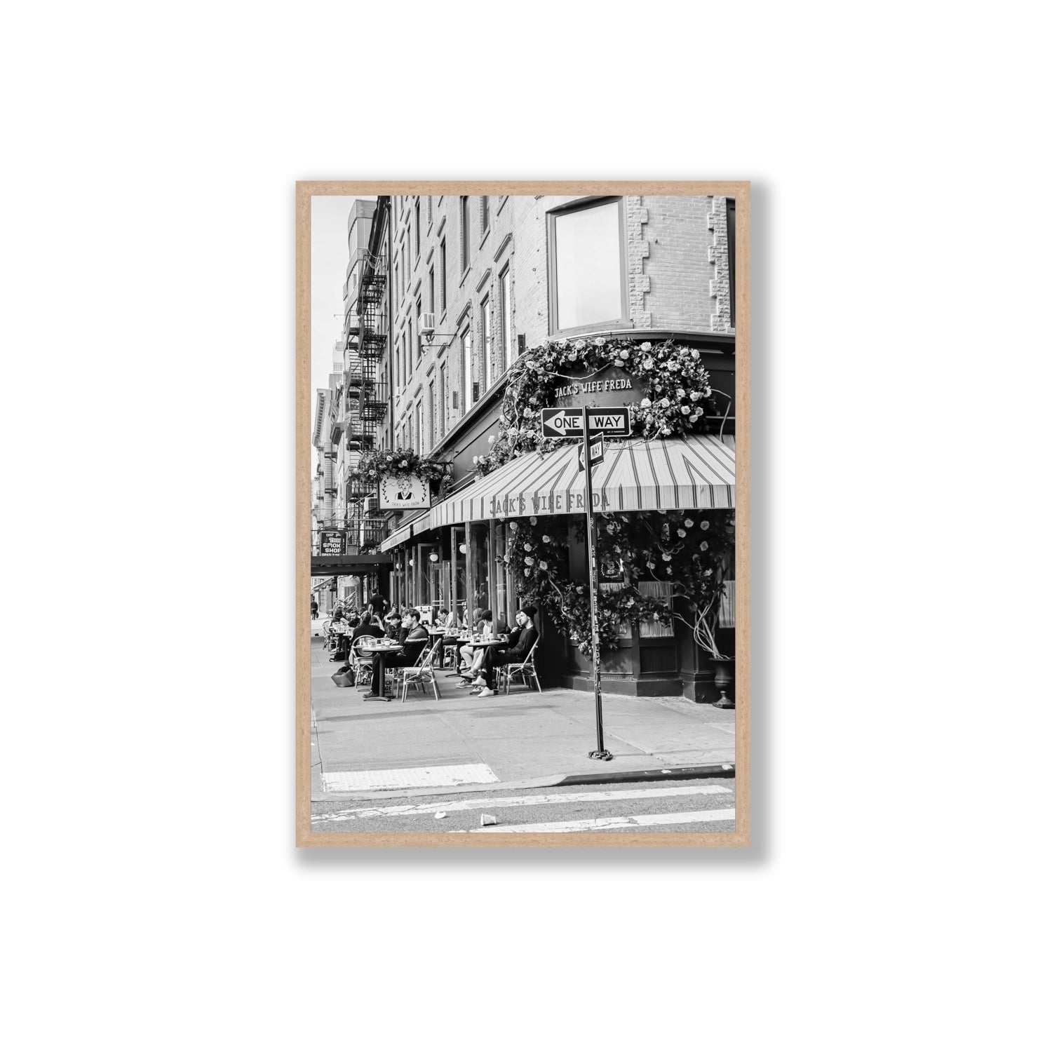 Freda's Feast New York NYC Black & White wall art Extra Large full-bleed fine art print in natural oak frame