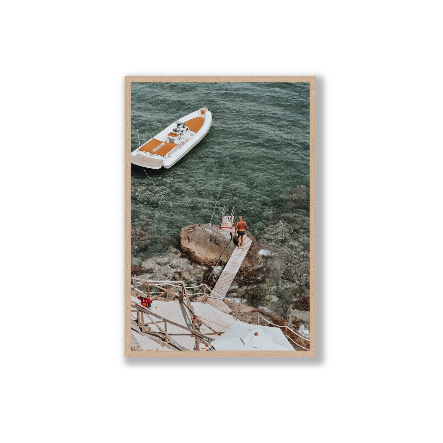 Secret Cove Tuscany coastal Italian wall art Extra Large full-bleed fine art print in natural oak frame