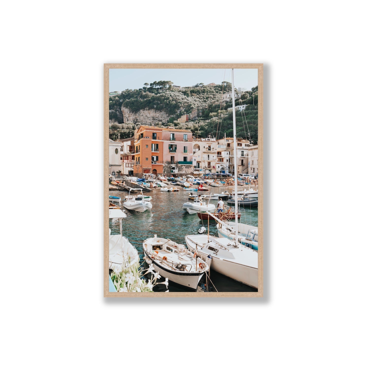Marina Grande Sorrento coastal Italian wall art Extra Large full-bleed fine art print in natural oak frame