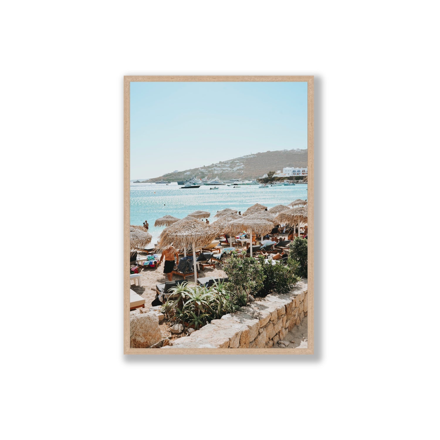 Beachside Huts Mykonos Greek island wall art Extra Large full-bleed fine art print in natural oak frame