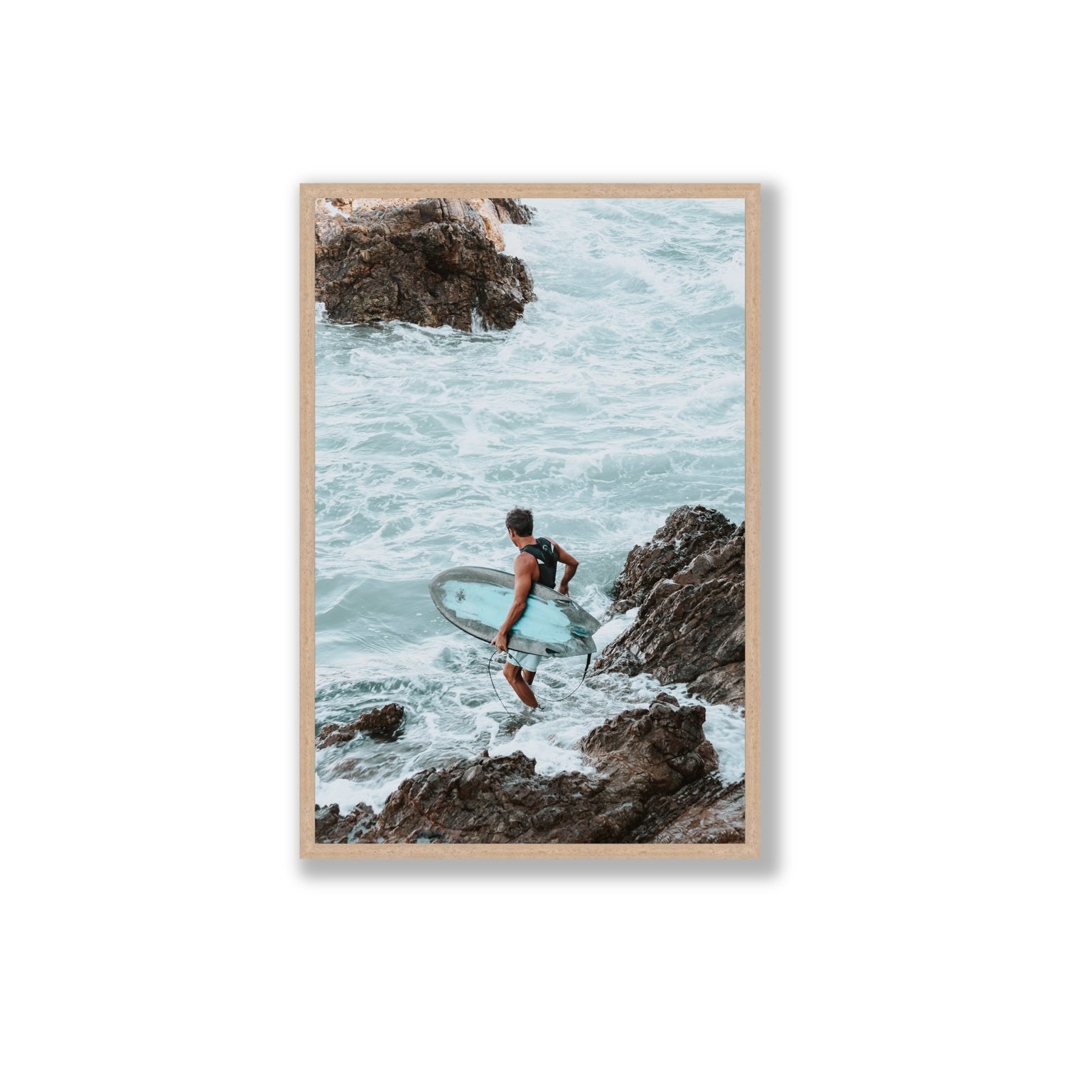 Into The Soup Byron Bay Surf coastal wall art Extra Large full-bleed fine art print in natural oak frame