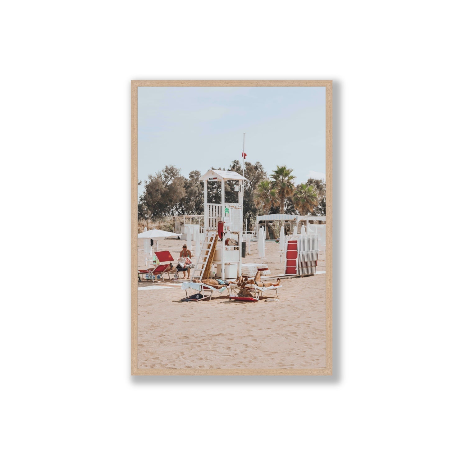 Red Lounge Reverie Puglia beach coastal wall art Extra Large full-bleed fine art print in natural oak frame