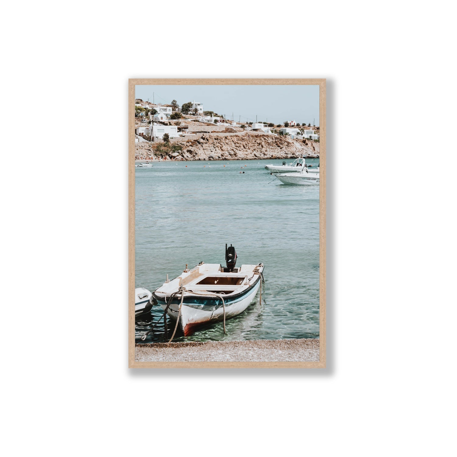 Classic Wheels Mykonos Greek island wall art Extra Large full-bleed fine art print in natural oak frame